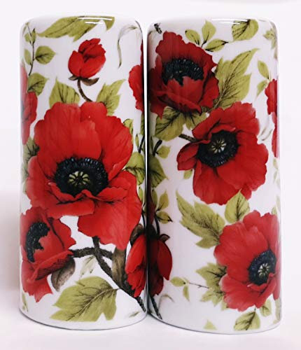 Red Poppy Salt & Pepper Ceramic Red Poppies Flowers Round Cruet Set Hand Decorated in UK