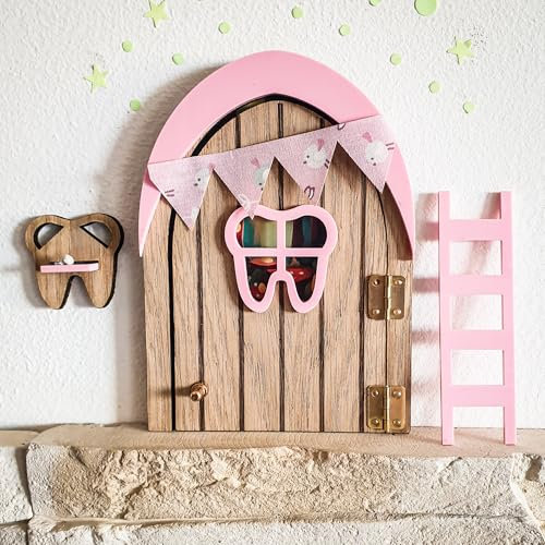 7GANSOS Puerta Ratoncito Perez que SE ABRE!! obra de artesanía en madera con accesorios y estrellas luminiscentes * rosa* Decoración habitación infantil