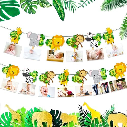 JeVenis 12 Monat Dschungel Tiere Erster Geburtstag Dekoration Wild Eine Dekoration Wild Ein Banner Safari Tiere Geburtstag Dekoration