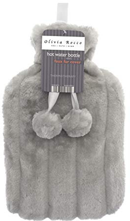 Olivia Rocco Plain Faux Fur Hot Water Bottle with Pom Poms Thermotherapy Hotwater Plush Fleece Bottles Winter Gift, Silver
