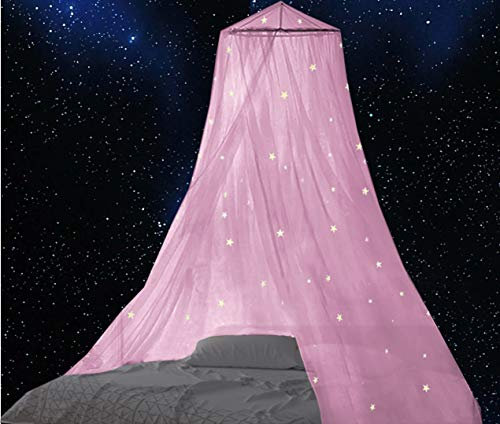 BCBYou Betthimmel, Moskitonetz mit fluoreszierenden Sternen, leuchtet im Dunkeln, für Babys, Kinder und Erwachsene, als Abdeckung das Babybett, Kinderbett, Mädchenbett oder Vollbett, Rosa