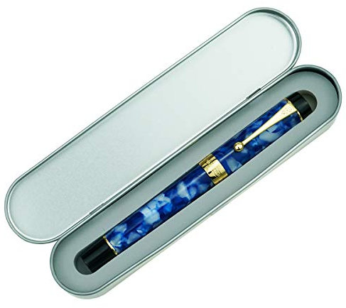 Jinhao 100 Klassischer Füllfederhalter, gebogene Feder, dunkelblauer Zelluloid-Fude-Stift Kalligraphie von feiner bis breiter Größe, mit Stiftetui-Set