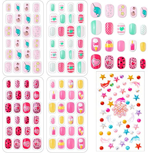 96 Stück Nägel Zum Aufkleben für Kinder, Selbstklebende Künstliche Fingernägel Set Falsche Kunstnägel mit Selbstklebend Strasssteine für Mädchen Kleinen Händen Damen