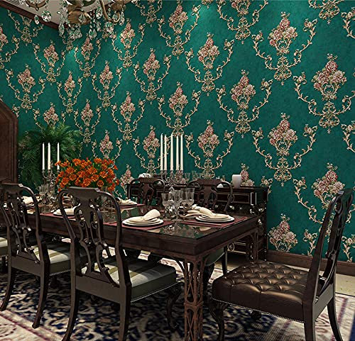 10 x 0,53 m AB Vintage Luxus Landhausstil Streifen 5 Farben geprägte strukturierte Vliestapete Rolle für Schlafzimmer Wohnzimmer 5,3 m² (Smaragd A Flowers)