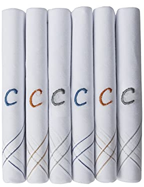 Caruso Italy Herren Monogramm (A-Z) Stickerei 100% reine Baumwolle Taschentuch weiße Basis mit farbigem Rand – 6 Stück