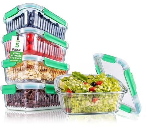 NutriChef Ensemble de Récipients de Conservation de Nourriture 5 Pièces - 35,86 oz Contenants Empilables en Verre Premium pour Préparation des Repas avec Couvercle Anti-Fuite, Sans BPA 100% Étanche