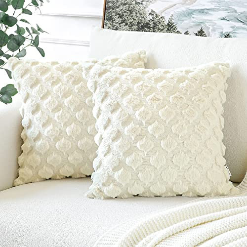 Artscope 2er-Set Sanft Plüsch Dekorativ Kissenbezüge, Kurze Wolle Samt Boho Kissenbezug Luxus Dekokissen Kissenhülle Set Kissen Fall für Couch Sofa Schlafzimmer Zuhause Dekor (60x60cm, Creme Beige)