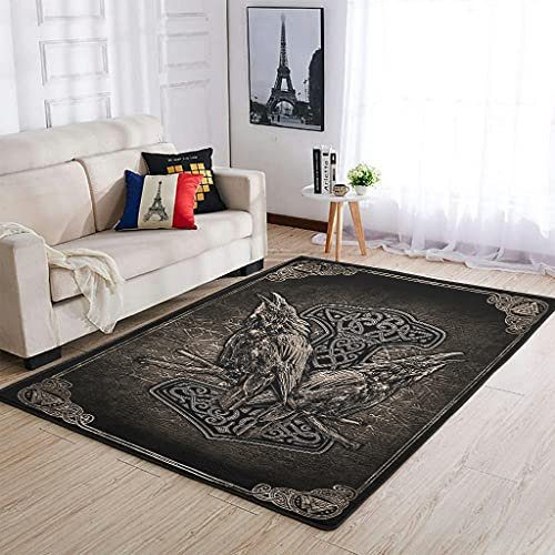 CHNOT Wikinger Nord Hammer und Raben Moderner Teppich Wohnzimmerteppich rutschfest Teppiche für Wohnzimmer/Kinderzimmer/Schlafzimmer/Esszimmer Carpet Waschbar Auslegware White 122x183cm