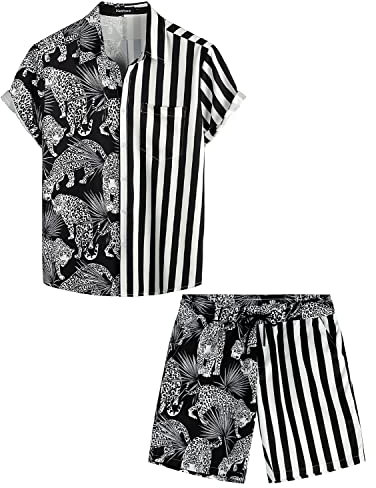 VATPAVE Herren Flamingo Hawaii 2 Teiliges Sets Kurzarm Freizeithemden Strand Outfits Klein Schwarz Leopard