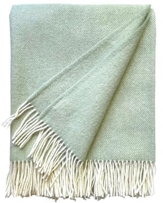 JOWOLLINA Wolldecke Plaid mit Fransen 100% Schurwolle (145x180 cm, Uni Mint)