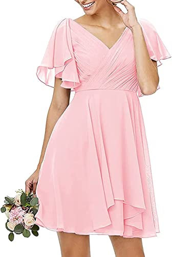 N/ C Robe de demoiselle d'honneur courte à double col en V avec poche, rose poudré, 40