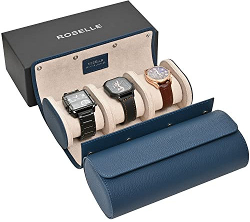 ROSELLE Uhrenrollen-Reiseetui aus echtem Leder – Uhrenrollen-Etui für 3 Uhren mit luxuriösem Futter – Schützen, Reisen, Aufbewahren und Präsentieren feiner Uhren (3 Schlitze, blaues Echtleder)