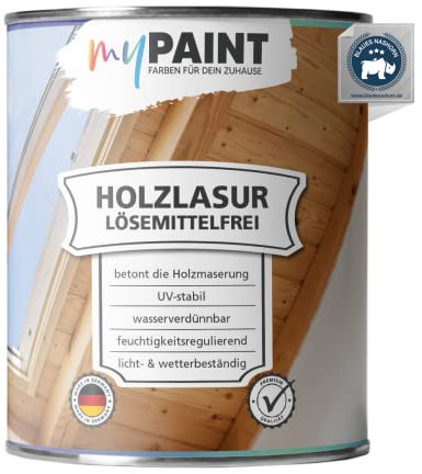 myPAINT® Holzlasur lösemittelfrei (750ml, Weiß) seidenglänzende Holzlasur Außen- Holz Grundierung - Holz Lasur - Holzlasur Aussen - Made in Germany