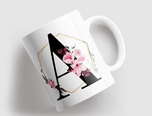 Taza con inicial decorada, taza con nombre inicial de cerámica, idea de regalo personalizable de 325 ml para bebidas calientes o frías
