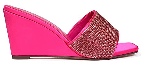 ESSEX GLAM Womens Diamante Low Wedge Heels Ladies Sparkly Square Toe Fuchsia Slip On Mules Size 6