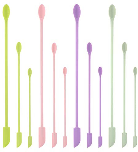 12 Piezas Mini Espátulas de Silicona, Cucharas Pequeñas para Tarros 3 Tamaños Juego de Mini Cuchara Pequeñas Espátulas de Maquillaje Fina para Cocina Botella Estrecha Cosméticos (4 Colores)