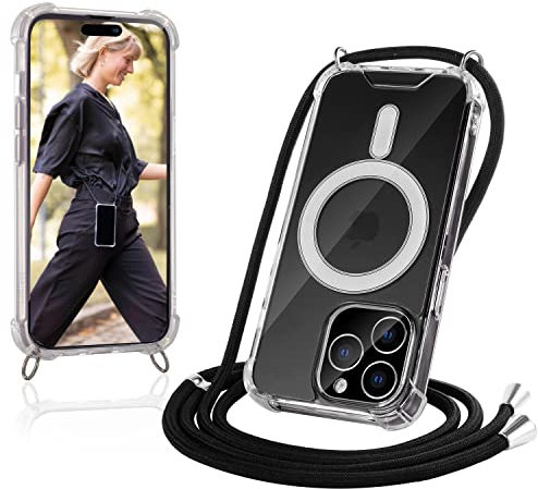 JProtect für iPhone 14 Pro Hülle mit Band und MagSafe – Magnetische Handykette für iPhone 14 Pro Magnet – Durchsichtige Umhängehülle Band Schwarz – Kette Handyhülle für MagSafe Zubehör