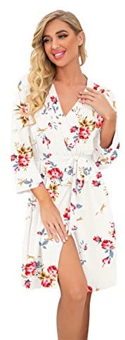 PrinStory Women Robes Lightweight Dressing Gowns Soft Kimono Robes Short Sleepwear Casual Knit Bathrobe Ladies Loungewear Homewear (Floral Print White, M)
