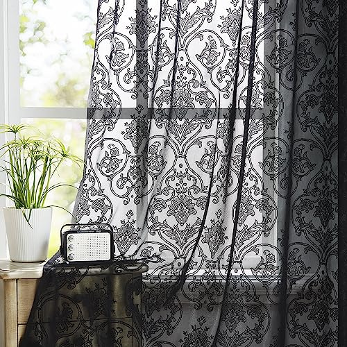 Treatmentex Damast-Spitzen-Vorhänge, durchscheinend, Vintage-Stil, luxuriös, traditionelles Blumenmuster, durchscheinend, 213,4 cm lang, viktorianischer Boho-Stil, Türvorhänge, Hexe/Gothic