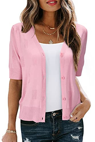 Arach&Cloz Cardigans for Women UK Short Sleeve Bolero Summer Cropped Cardigan Shrugs Buttons Dress Coverup Knit Top (Light Pink, XL)