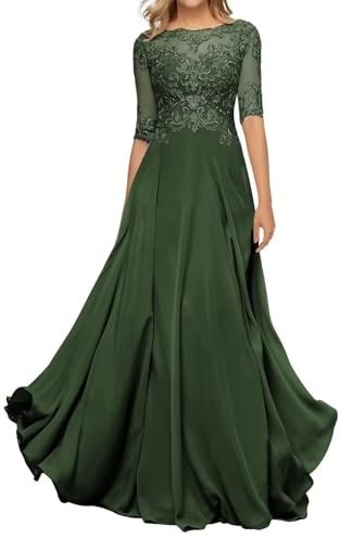 HYEC7 Women's Lace Appliques Mother of The Bride Dresses 3/4 Sleeve Long Formal Evening Dresses A Line Prom Dress Emerald Green
