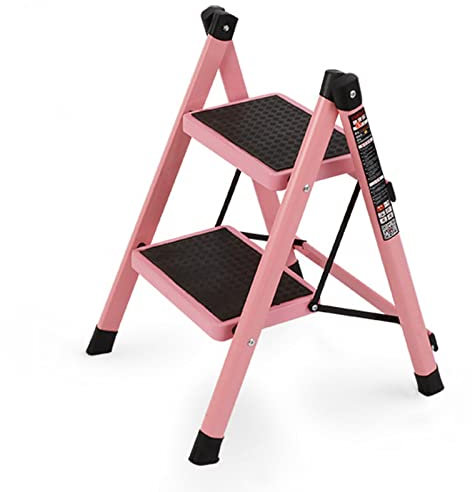 OURECO Step Ladder 3 Step Folding, 2 Step Stool Foldable with Anti-Slip Wide Pedal, Stable Steel Stool Ladders 4 Step, 550Lbs Capacity Safety Ladder for Household Space Saving/Pink/2 Step Ladder