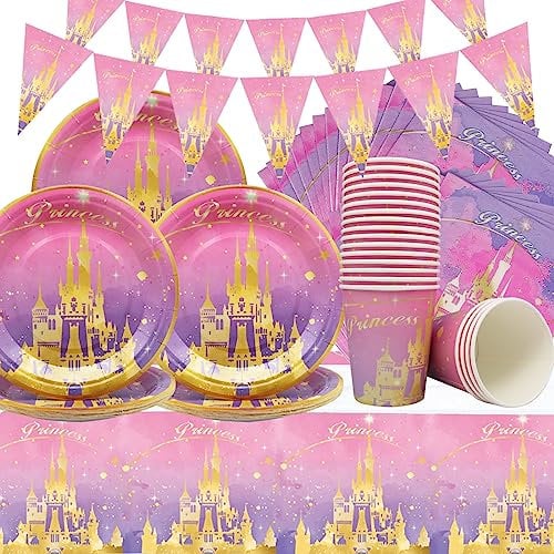 Doyomtoy Prinzessin Schloss Partygeschirr Prinzessin Partygeschirr Pink Castle Girl Birthday Party Dekoration 62 Stück Pappteller Becher Servietten Tischtuch Geburtstag Party Dekorationen