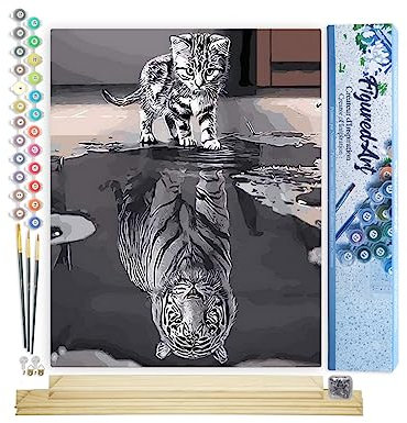 Figured'Art Peinture par Numéro Adulte Chaton Reflet Tigre - Activité Manuelle Kit de Loisir Créatif DIY Numéro d'Art Complet - 40x50cm avec châssis en bois à monter