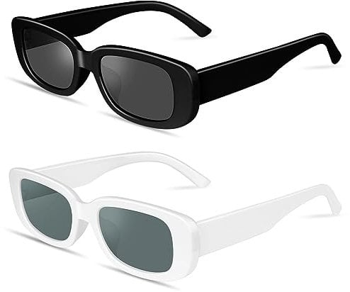 Ainiv Rectangle Sunglasses, 2 Pairs Retro Square Sunglasses, UV 400 Sunscreen And UV Protection Square Frame, Fashion Eyeglasses for Women Men Kids Party Travel Photoshoot(Black & White)
