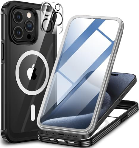 CENHUFO Compatible with iPhone 15 Pro Case Built-in Glass Screen Protector with Camera Lens Protector, 360°Full Body Heavy Duty Protective Phone Case for iPhone 15 Pro Case Shockproof -Black