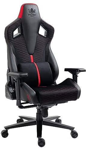 KRAKEN CHAIRS Chaise Gaming Tissu - Noir Rouge - Siege Gamer Adulte - Chaise de Bureau - Confortable Chaises de Gamer - 150 kg - Ergonomique Fauteuil Gaming - Réglable Accoudoir/Lombaire - pour Gamer
