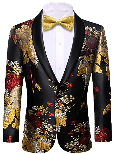 Barry.Wang Men's Tuxedo Blazer Luxury Paisley Embroidery Casual Jacket Lapel One Button Wedding Business Coat Black Gold S-3XL