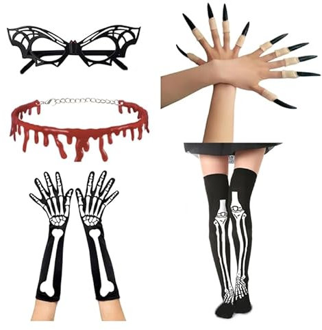 QRONCES Halskette mit tropfendem Blut, Halsband, Kralle, Brille, Halskette, Totenkopf-Handschuh, Halloween, Dämonen, Cosplay, Zubehör, Faschingskostüm, Halloween, Party, Dämonen-Kostüme