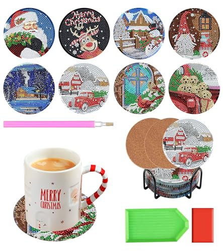 8 Posavasos de Arte de Diamantes Papá Noel DIY Diamond Painting,Manualidades para Adultos Niños,Kits de Árbol de Navidad Pintura de Diamantes,Posavasos de Decoración Navideña para Tazas,Bebidas,Regalo