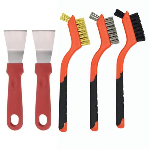 3Pcs Wire Brush & 2Pcs Scraper for Cleaning,Small Wire Brush,Wire Brush Set,for Rust Removal Oven Scraper Tool Non Scratch Super Paint Scraper Gas Stoves Cleaning Metal Brush Set for Kitchen