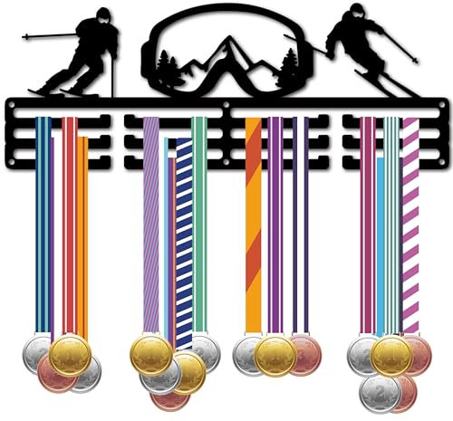 CREATCABIN Große Größe Ski-Medaillenhalter Medaillenaufhänger Medaillenwandhalterung Rahmen Sportmedaillenaufhänger Schwarze Wanddekoration Medaillen-Organizer-Rack Für Auszeichnungen 40x15cm