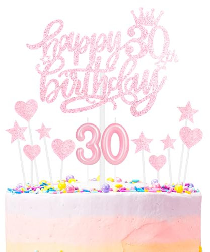 Happy 30th Birthday Candles Cake Toppers Set, Number 30 Candles for Cake, Birthday Party Candles, Light Pink Birthday Cake Candles Heart Star Cupcake Toppers for Girls Women Birthday Cake Decorations