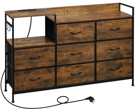 WOLTU Kommode mit 8 Schubladen aus Stoff, Stoffkommode mit Steckdosen, Kommodenschrank für Schlafzimmer Wohnzimmer Flur, aus Metallrahmen Holzwerkstoff, Vintage-Holzoptik Schwarz, SSK007hov