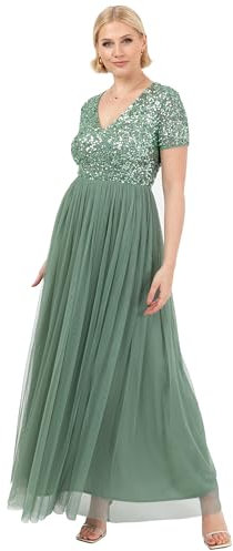 Maya Deluxe Women's Ladies Dress for Wedding Guest Plus Size Empire High Waist Sequins Short Sleeve Evening Bridesmaid, Deep Mint, 26