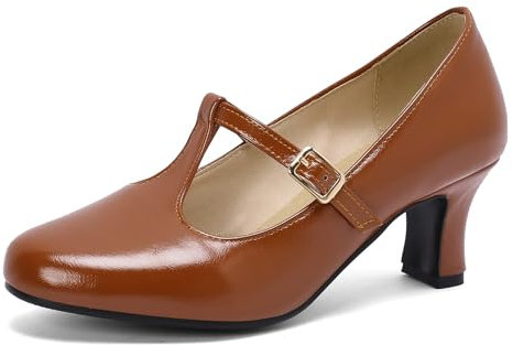 GiledGrace Women T-Strap Mary Jane Shoes Vintage Low Kitten Heels Pointed Toe Party Dress Pumps Buckle Solid Color Brown Mark Size 40