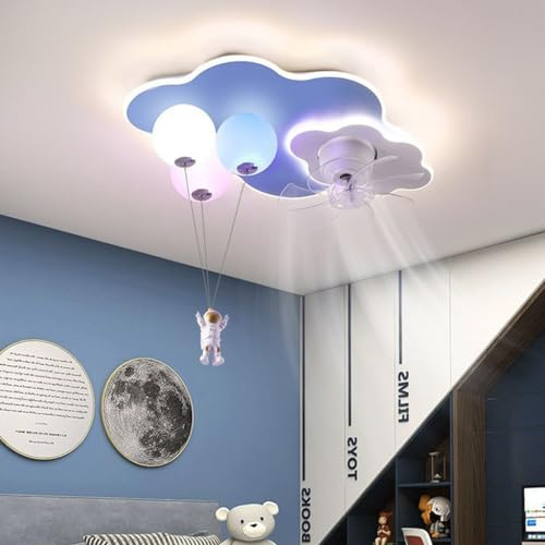 Deckenventilator Mit Beleuchtung Und Fernbedienung LED Deckenleuchte Kreative Baiyun-BallonDesign Jungen Und Mädchen 6 Geschwindigkeite Dimmbar Mit Fernbedienung Ventilator Deckenlampe (Color : Blue