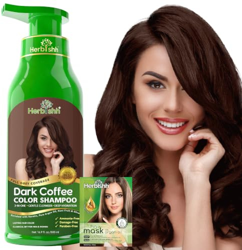 Herbishh Champú de color para cabello gris, tinte mágico en minutos, larga duración, 500 ml, color 3 en 1, sin amoníaco (café oscuro)