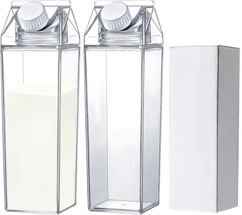 JUXINE Lot de 2 bouteilles d'eau en carton de lait 1000 ml, transparent, carrée, en plastique transparent, boîte à lait en plastique, bouteille d'eau pour boissons, jus de boisson