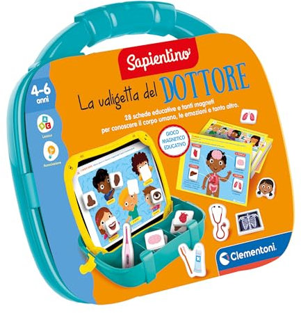 Clementoni Sapientino - Valigetta del Dottore, Kit Medico Bambini 4-6 Anni, Schede Educative per Scoprire Corpo Umano, Emozioni e Alimentazione, Lavagna Magnetica Cancellabile, Lingua Italiana, 16462