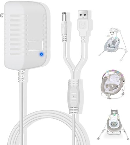 Ingenuity Baby Swing Charger - 2-in-1 Compact Portable Replacement Power Cord for Baby Rocker - Compatible With InLighten, Simple Comfort, ConvertMe, Swing'n Go - USB A & DC Plug Adapter