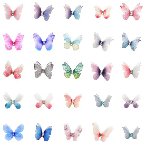 50 Stück 3D Schmetterlinge Farbverlauf Organza Stoff mit Strasss Doppellagiger Durchscheinender Chiffon Schmetterling für DIY Schmuck Basteln Halskette Haarspange Dekoration Schmuck Kleidung