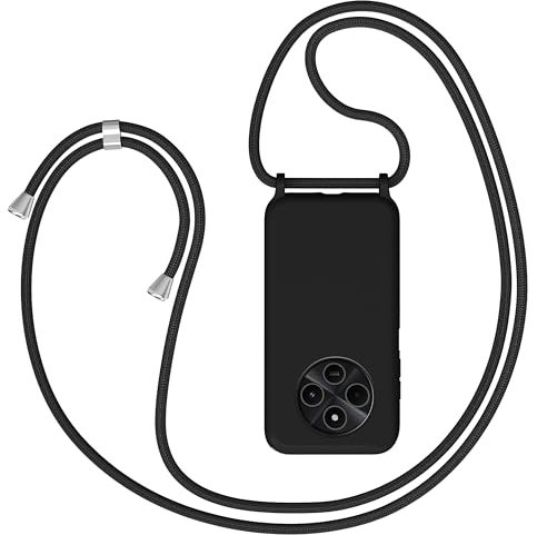 Funda para Xiaomi Redmi 14C / Poco C75 con Cuerda, Carcasa Silicona con Cordón Correa Colgante Ajustable Collar Moda Teléfono Case Cover, Anti-Choque Anti-arañazos, Negro