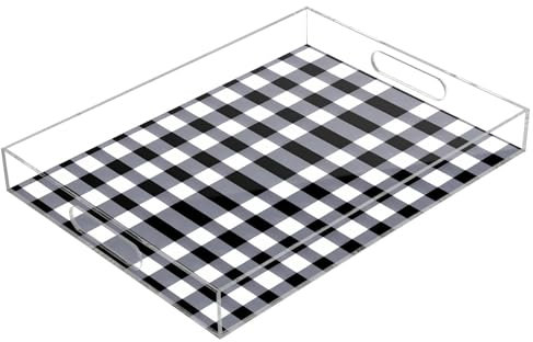 Bandejas acrílicas transparentes a cuadros en blanco y negro, bandeja de servir de acrílico con asas, bandeja transparente para desayuno, impermeable, bandejas transparentes para servir de 12 x 16