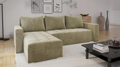 MODERNO Ecksofa mit Schlaffunktion und Bettkasten FORSET - Sofa mit 3 Sitzen und Robusten Überzug - Schlafcouch L-Form Universal - Modern Couch 235x145x86 cm - Ecke Beige