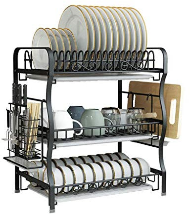 Escurridor de platos de acero inoxidable de 3 niveles con tabla de drenaje extraíble, estante grande para platos de cocina, cuencos, utensilios, tablas de cortar y tapas de ollas
